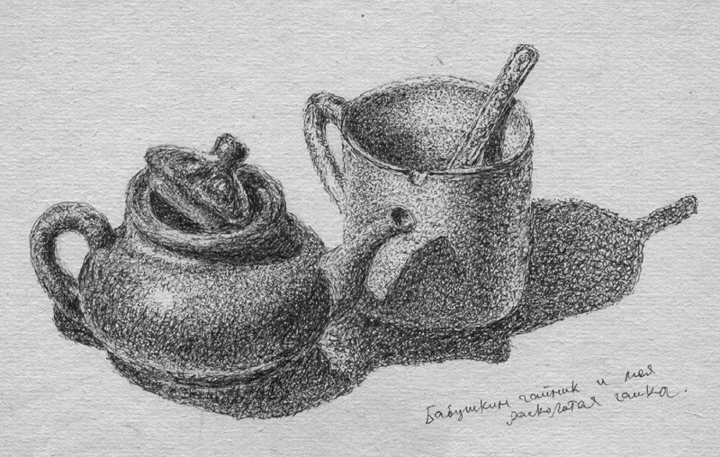 Натюрморт с чайником и чашкой, графика карандашом, рисунки